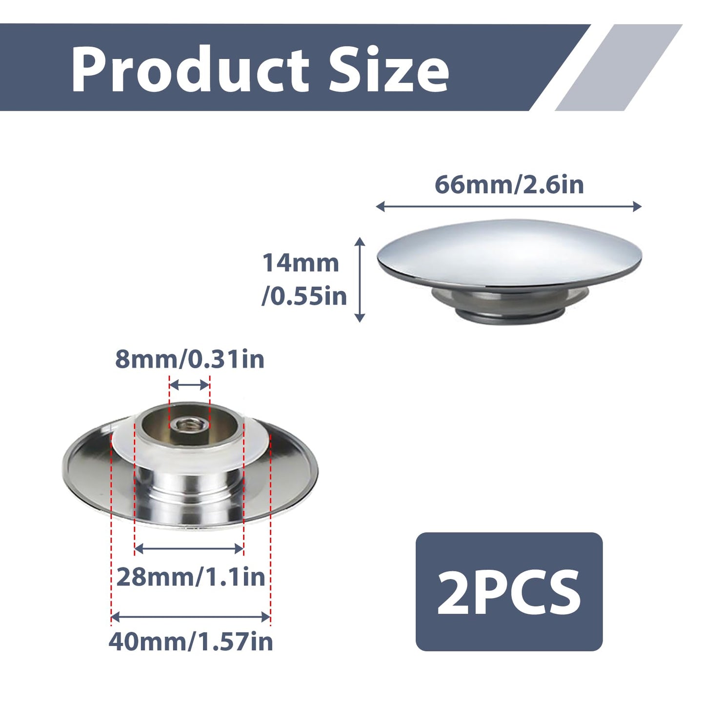 2 Pcs Bathroom Sink Push Button Replacement Parts, Easy Pop Up Bathroom Sink, 66mm Push Button Pop Up Sink Waste Drain Stopper