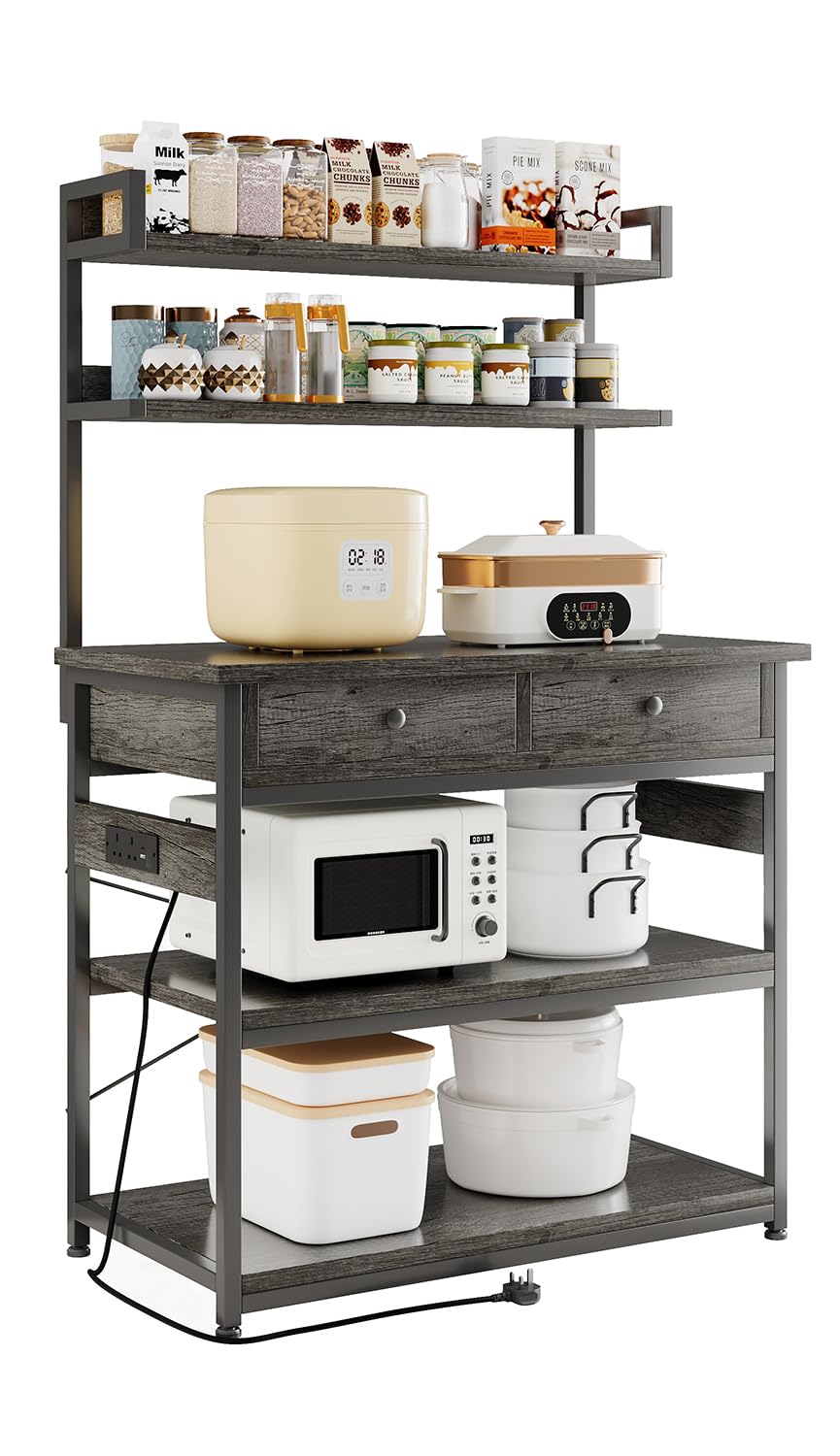 Flrrtenv 5-Tiers Bakers Rack, Kitchen Storage Shelves with 2 Drawers, Coffee Bar with Power Socket, Kitchen Storage Unit Metal Frame & Wooden Board
