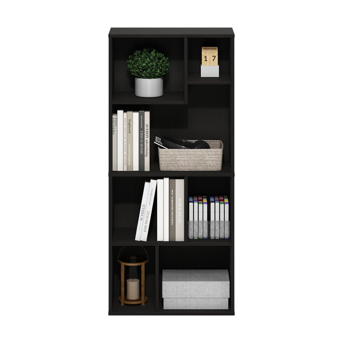 Furinno DALY Book Shelf, 7-Cube Bookshelf, Cube Storage Organizer Bookcase with Irregular Compartments, 9.4 x 18.9 x 42.1, for Living Room, Bedroom