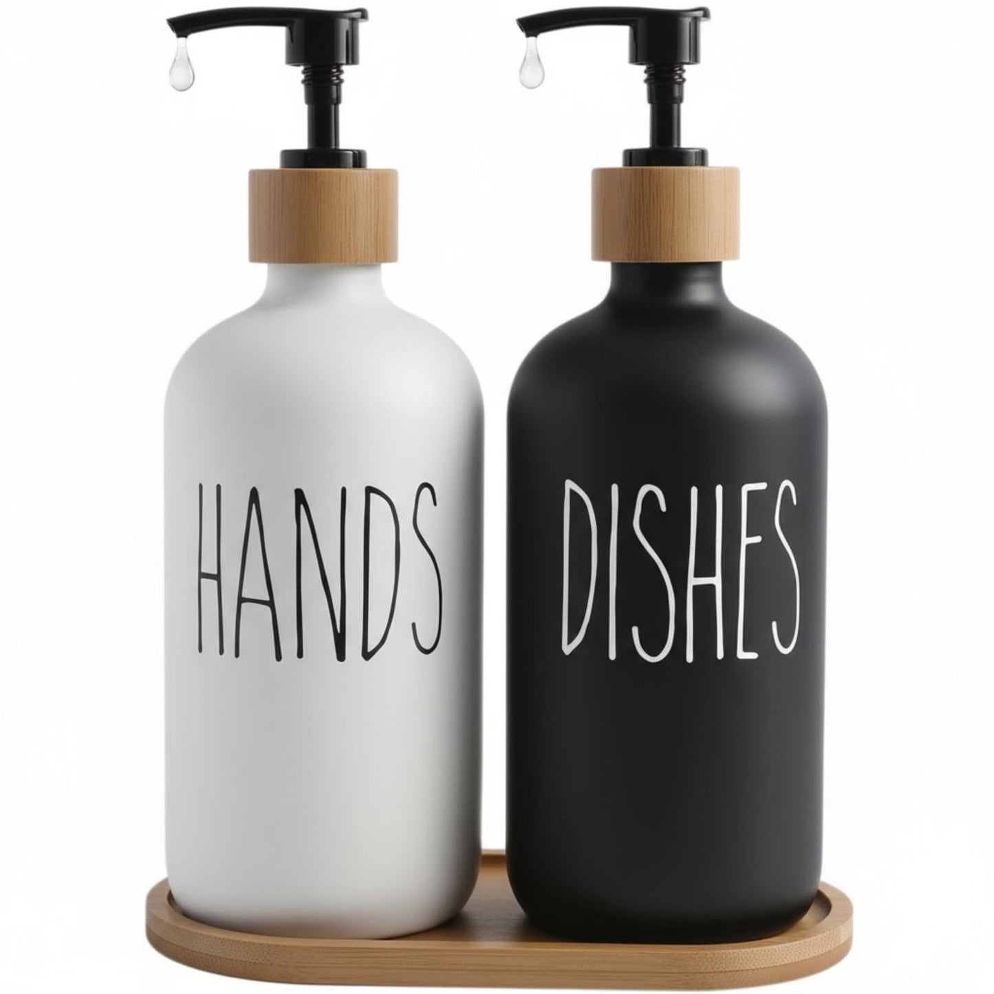 kitchen Soap Dispenser Set, washing up liquid dispenser,Glass Bottle Jar with Bamboo Tray,suitable for Bathroom, Kitchen, Laundry Room