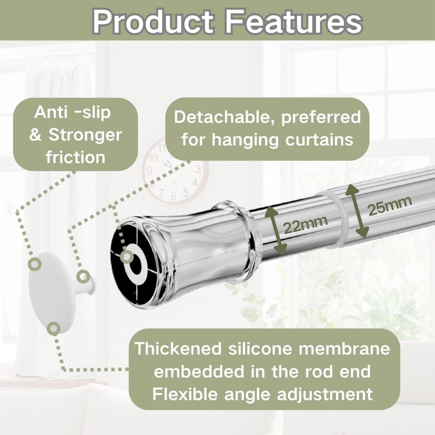 Shower Curtain Rail Extendable Curtain Pole, Metal Tension Rod Anti-Slip Telescopic Curtain Rod Easy Fitting for Bathroom, Closet, Kitchen, 85-180 cm