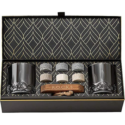 Whiskey Chilling Stones Gift Set - 6 Handcrafted Premium Granite Round Sipping Rocks - 2 Crystal Glass Tumblers - Hardwood Presentation & Storage Tray - Elegant Gold Foil Gift Box by R.O.C.K.S.