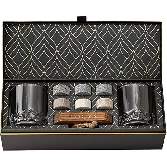 Whiskey Chilling Stones Gift Set - 6 Handcrafted Premium Granite Round Sipping Rocks - 2 Crystal Glass Tumblers - Hardwood Presentation & Storage Tray - Elegant Gold Foil Gift Box by R.O.C.K.S.
