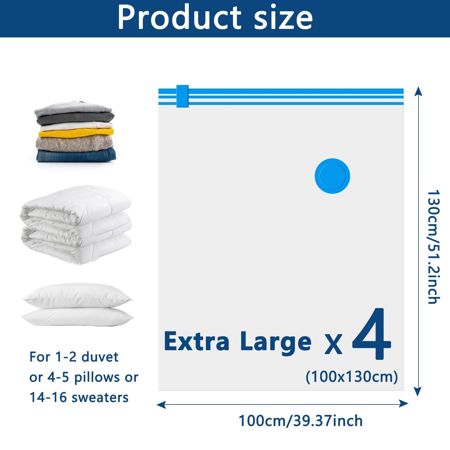Vacuum Storage Bags - 4 Pack Extra Large (100X130cm) Space Saver Sealer Compression Bags, Reusable Vacuum Bags for Storage Clothes, Duvets, Bedding
