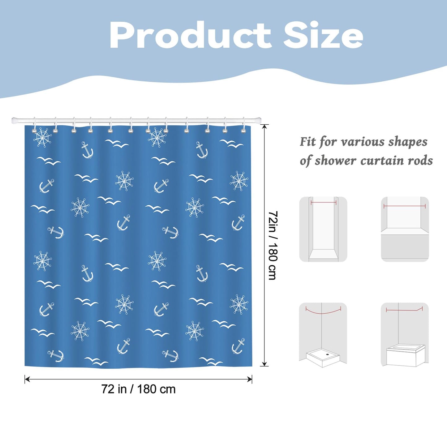 BREASOME Nautical Shower Curtain 180 x 180 cm Ship Wheel and Wild Goose Shower Curtain for Bathroom Decor Mould Proof Waterproof Polyester Fabric