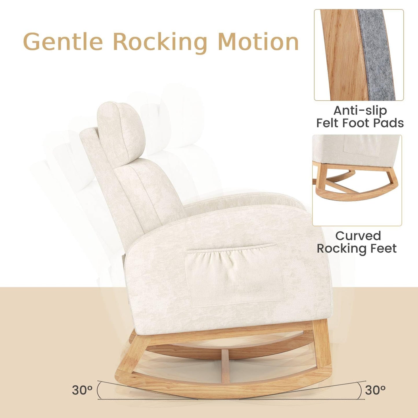 RELAX4LIFE Nursing Rocking Chair, Upholstered Chenille Fabric Relax Rocker Armchair with Headrest, Side Pockets & Solid Wood Legs