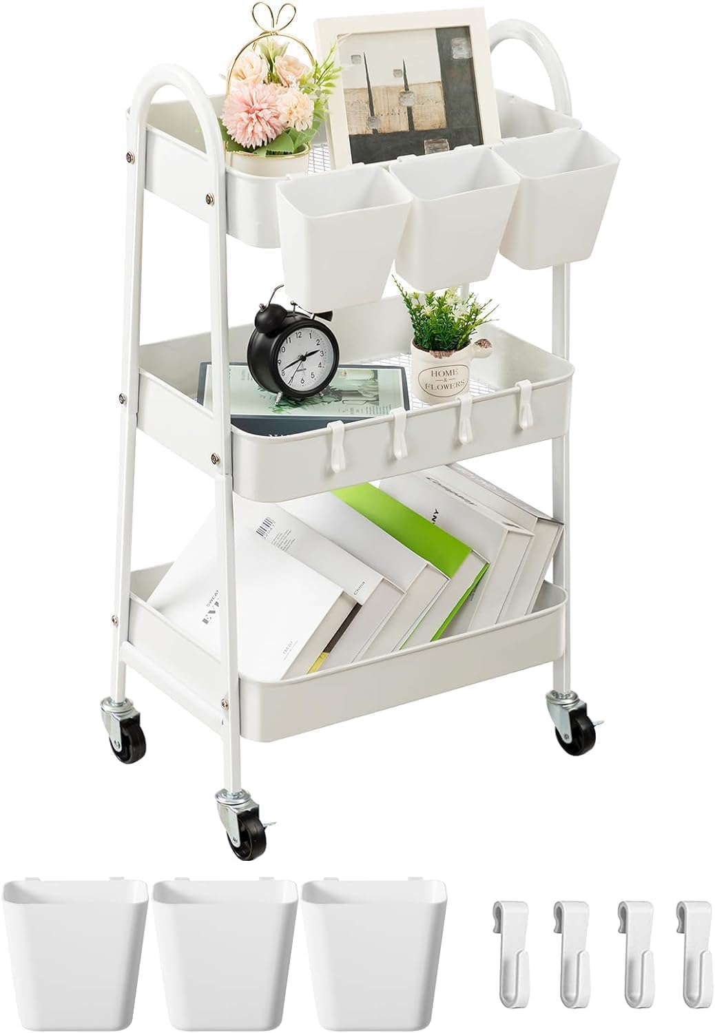 danpinera 3-Tier storage trolley, Metal storage cart with Lockable Wheels & Hanging Cups & Hooks, storage trolley on wheels for bathroom, kitchen