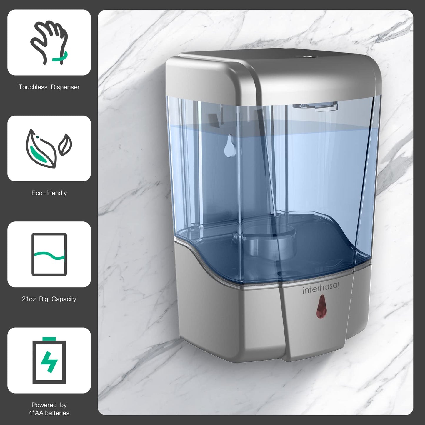 interhas! Automatic Wall Mounted Commercial Hand Sanitizer Dispenser - Liquid/Gel Touchless, 600ml/20oz (Silver)