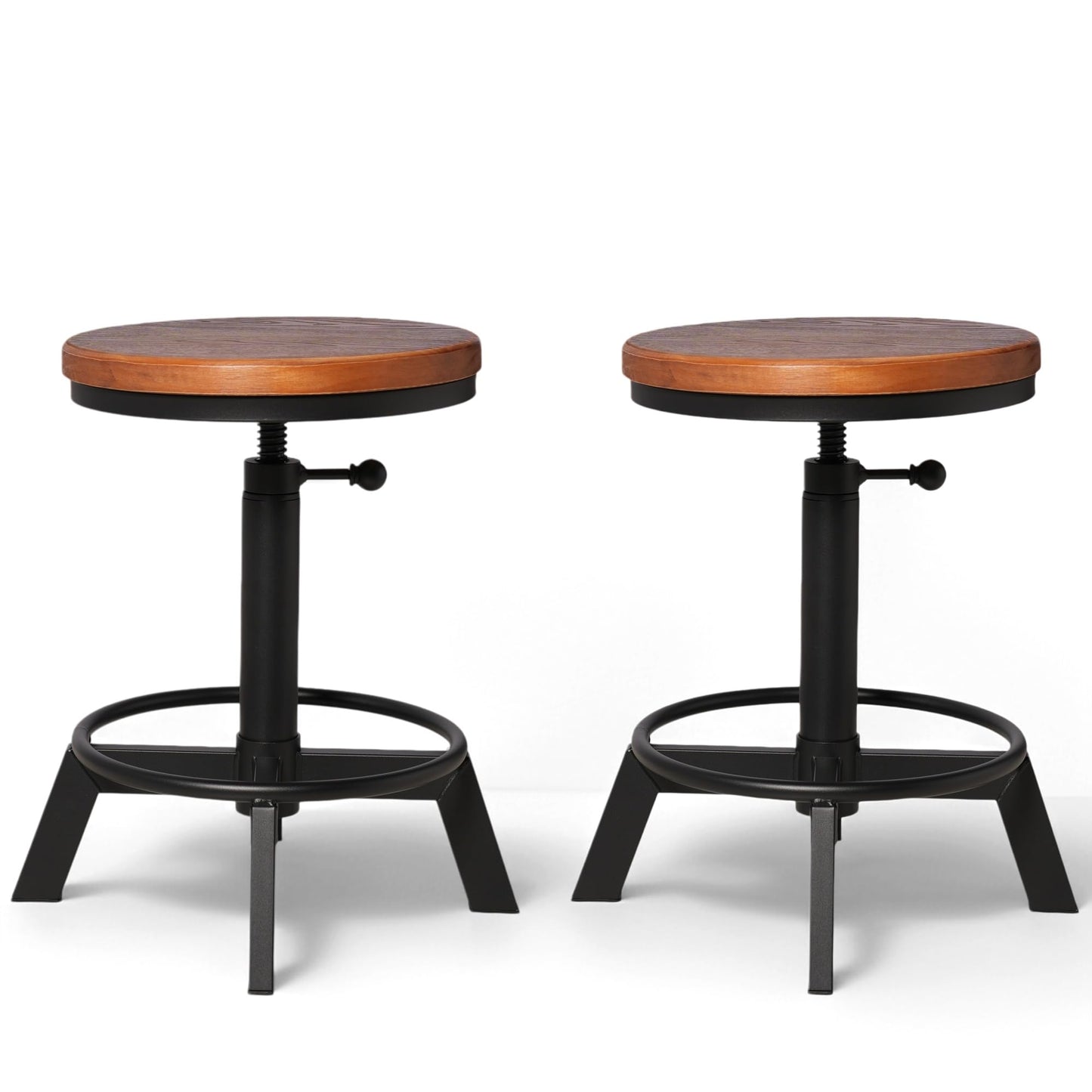 BOKKOLIK Set of 2-Industrial Bar Stool-Counter Height Chairs- Swivel Wooden Seat- Adjustable 17.7-24inch