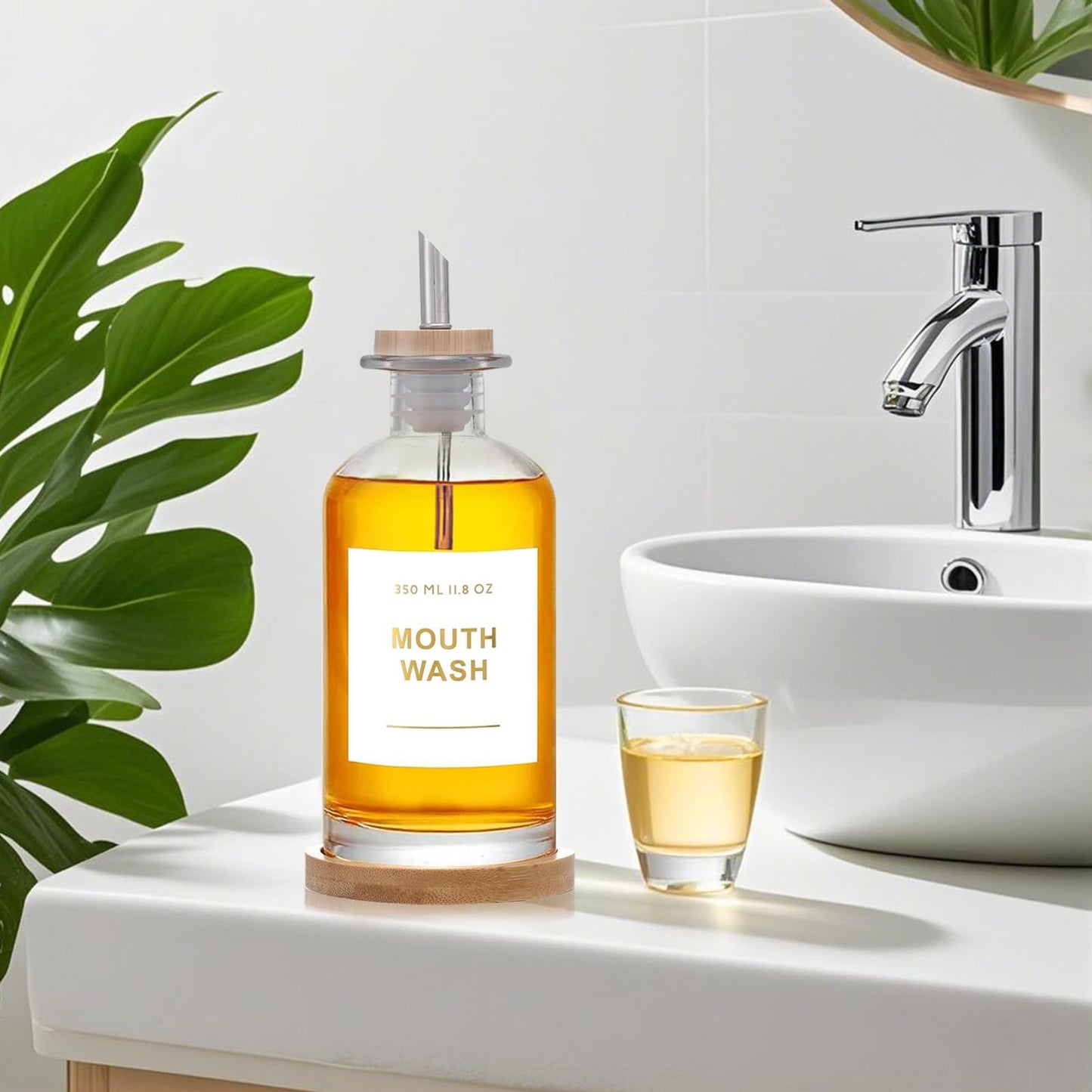 ZhouZGlass 12OZ/350ML Mouthwash Dispenser, Glass Mouthwash Decanter for Bathroom with Stainless Steel & Bamboo Nozzle, Reusable Mouthwash Cup