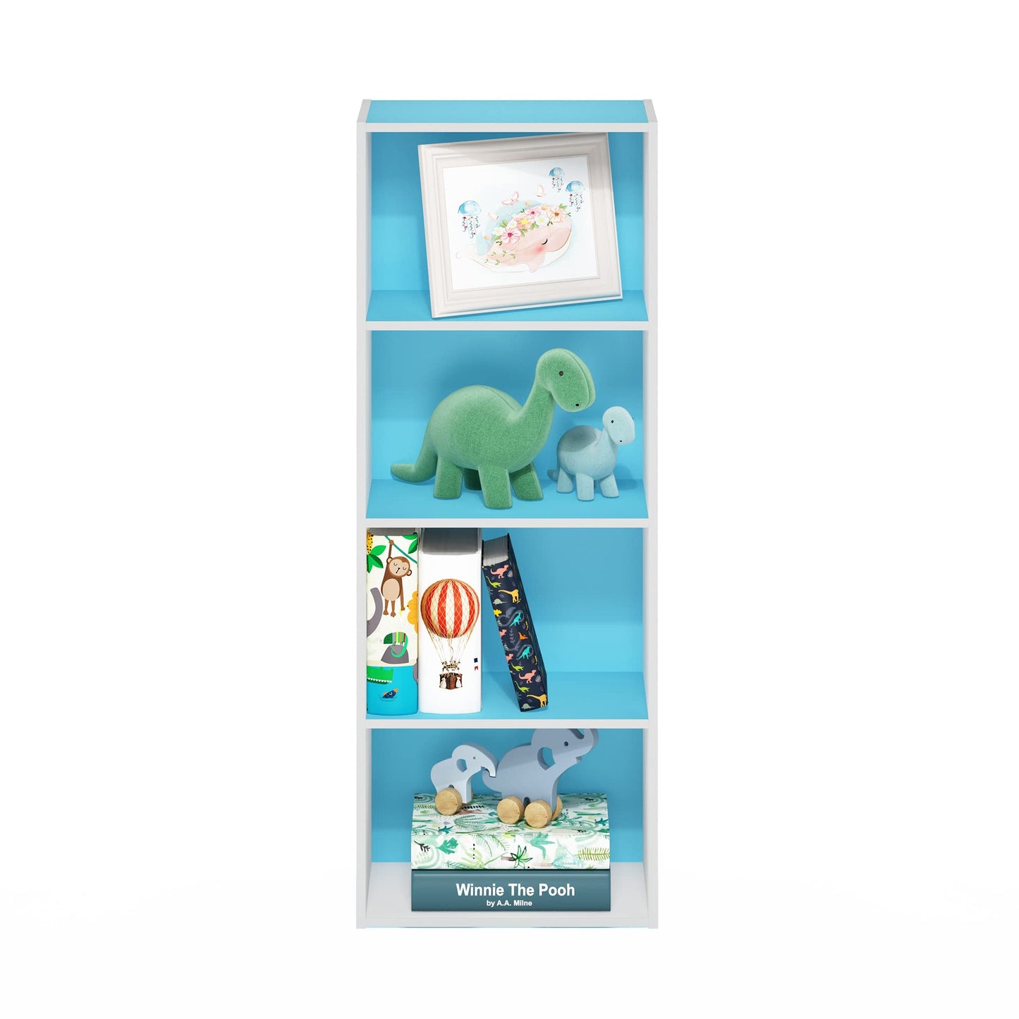 Furinno LUDER Book Shelf, 4-Tier Bookshelf, Bookcase with Open Shelf, 9.3 x 15.6 x 41.7, for Living Room, Bedroom, Home Office, Light Blue/White