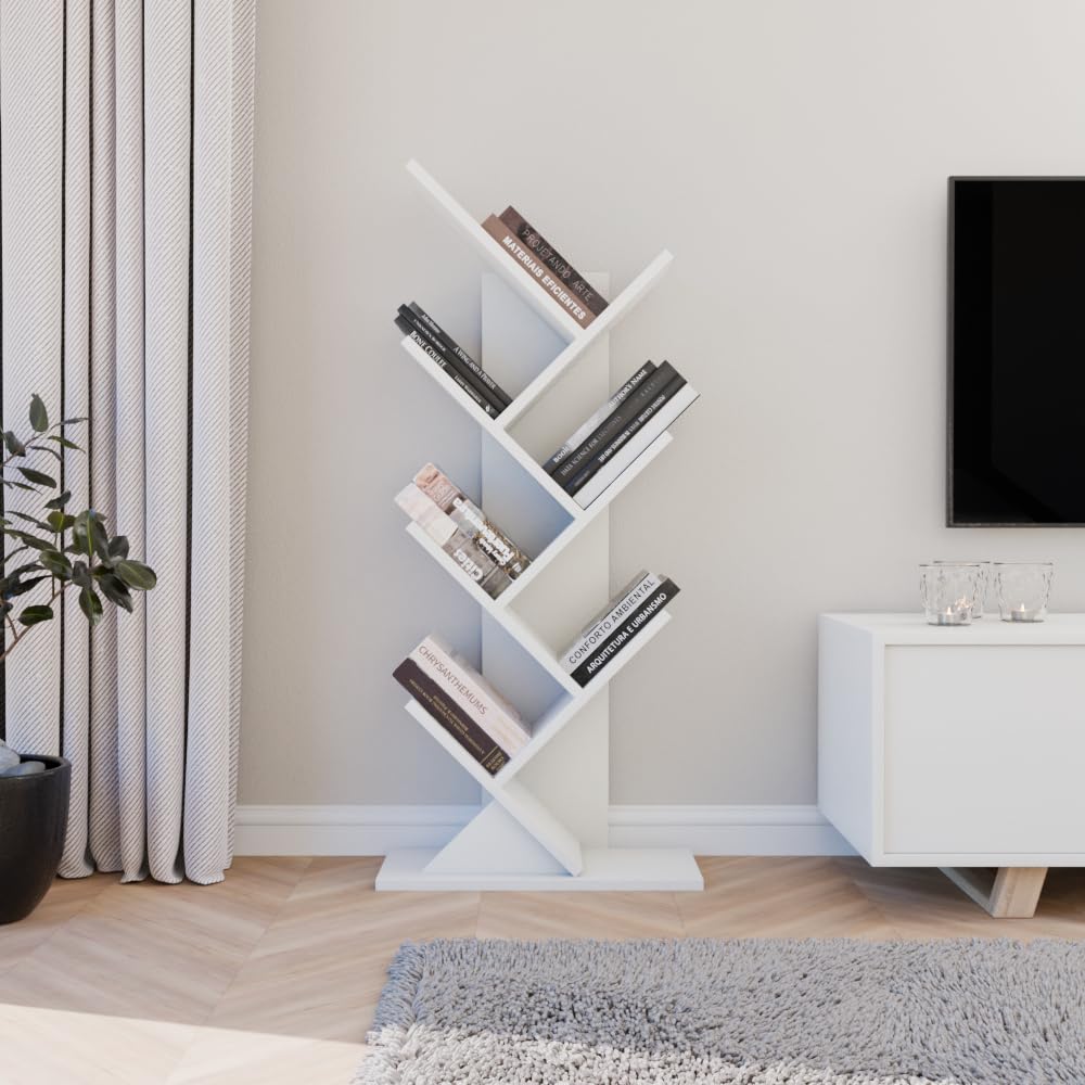 ComfortCove Tree Bookshelf, Bookcase, Floor Standing Book Shelf, Storage Rack for Living Room, Home Office, Bedroom or Kitchen, 7 Shelf, White