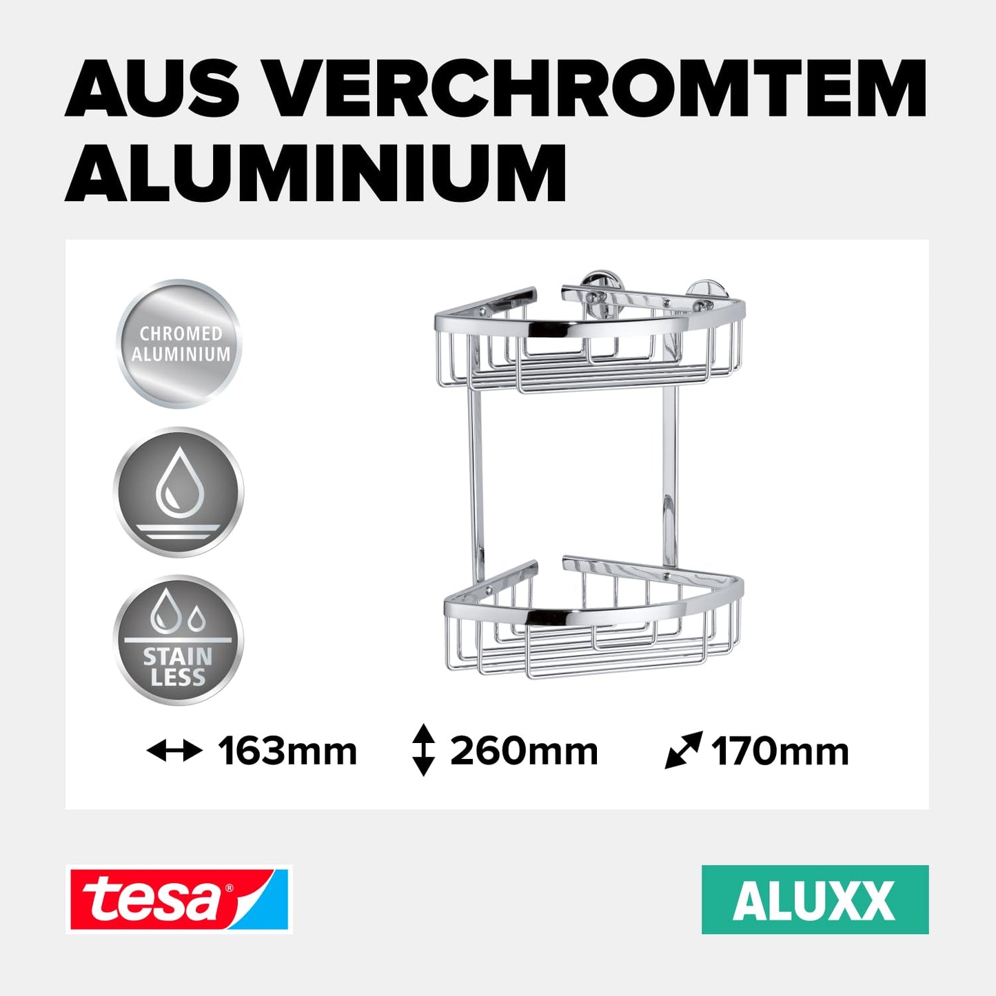 tesa Aluxx Bathroom Corner Shelf, high Gloss Chromed Aluminum, self-Adhesive, Adhesive mounting Technology, 260mm x 163mm x 170mm