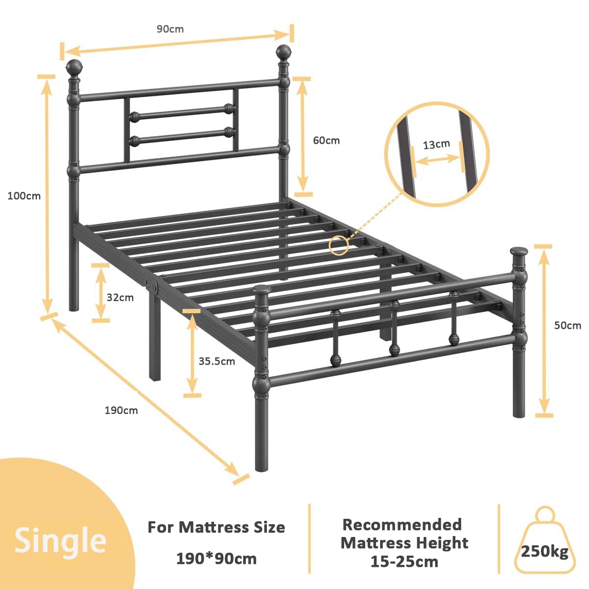 APEXTELLA HOME 3ft Single Bed Frame Black Modern Style with Headboard and Footboard Metal Slat Support and 32cm Underbed Storage Space Noise Free
