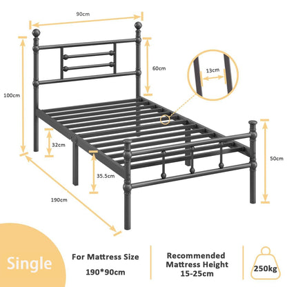 APEXTELLA HOME 3ft Single Bed Frame Black Modern Style with Headboard and Footboard Metal Slat Support and 32cm Underbed Storage Space Noise Free
