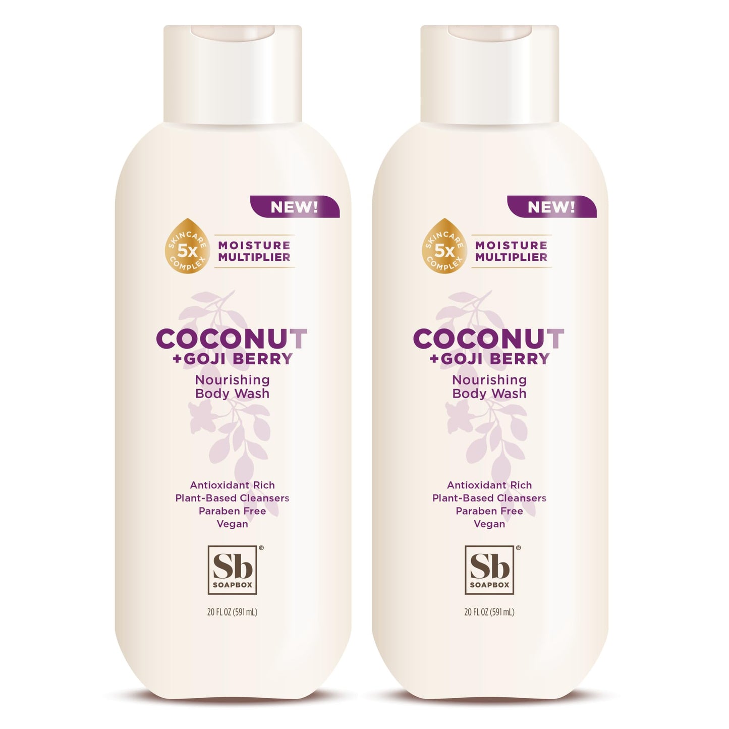 Soapbox Body Wash, Coconut & Goji Berry Liquid Body Wash, Moisturizing Soap with Shea Butter, Vegan Duo Pack of 2 Soap Bottles, 20oz Each