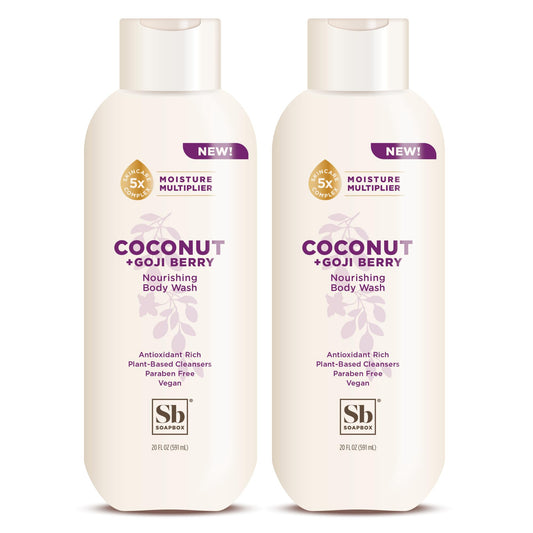 Soapbox Body Wash, Coconut & Goji Berry Liquid Body Wash, Moisturizing Soap with Shea Butter, Vegan Duo Pack of 2 Soap Bottles, 20oz Each