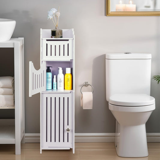 powerking Toilet Paper Holder Stand, Toilet Storage Cabinet for Bathroom, Slim Corner Shelf for Small Space Storage, Small Bathroom Storage Cabinet