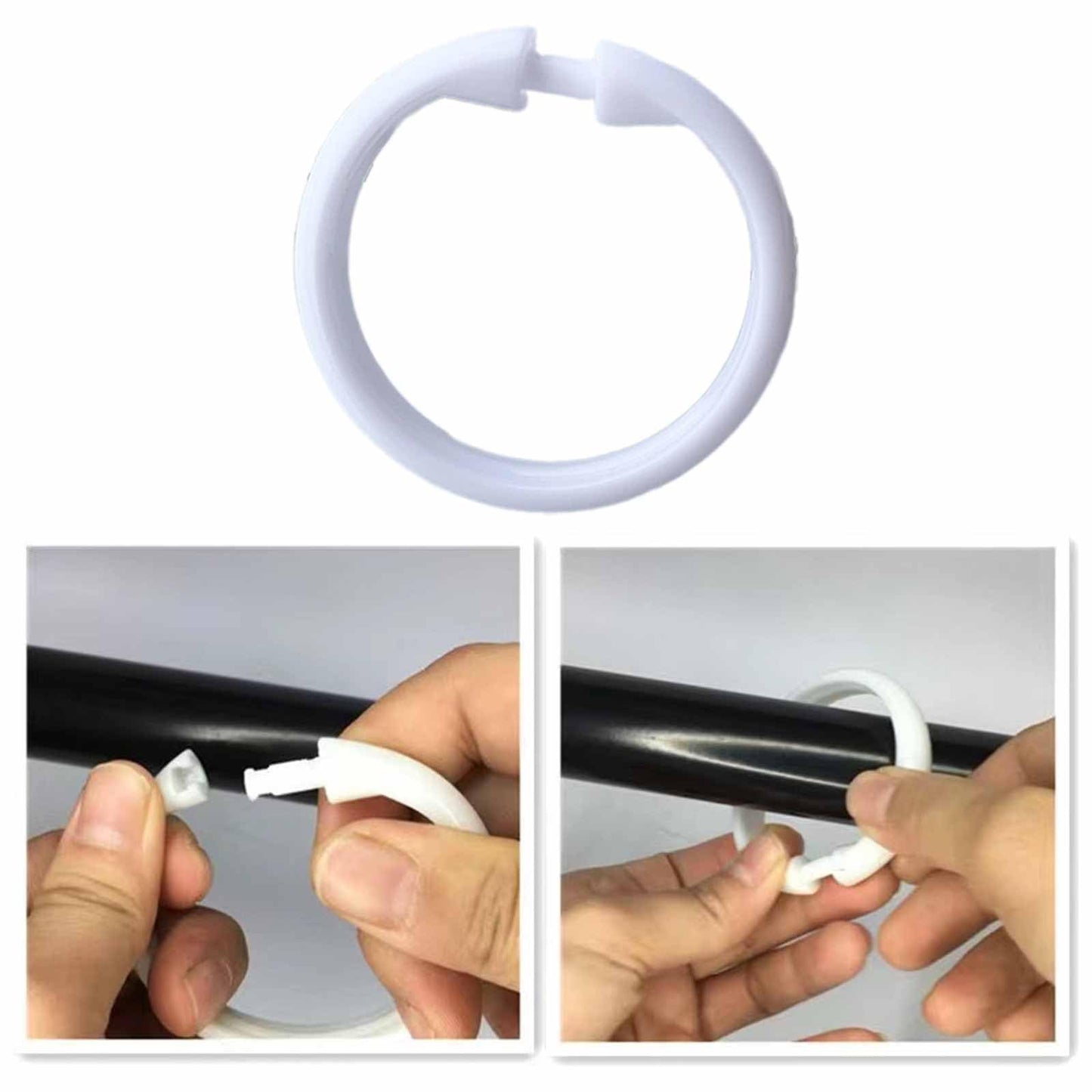 FYHJNC 12 Pack White Plastic Shower Curtain Rings, Easy Snap Closure O-Shaped Curtain Hooks