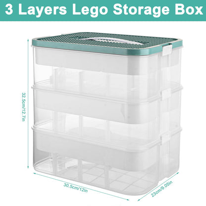 AKOLAFE Lego Storage Box Plastic Storage Boxes with Lids 3 Layers Stackable Toys Organizer Lego Case Container with Baseplate for Building Blocks