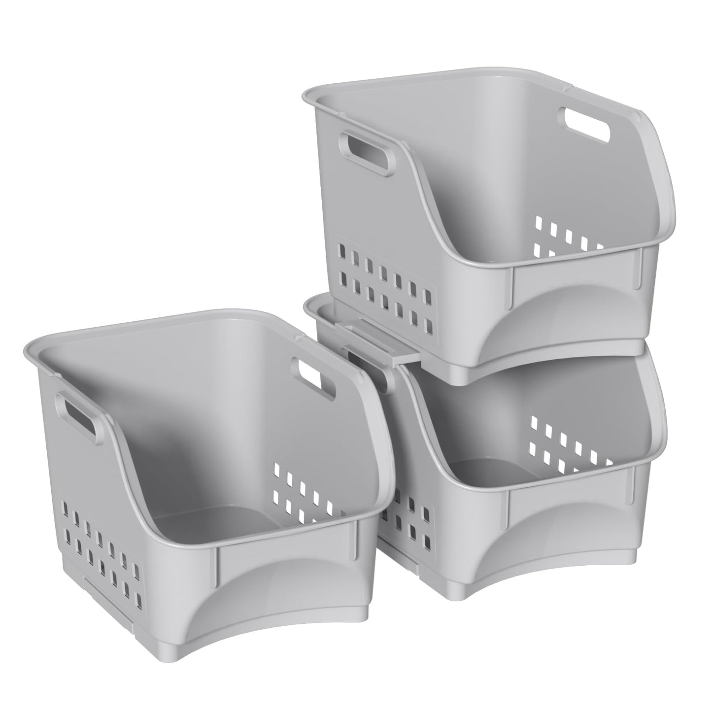 Vareone 3 Pack Open Front Storage Baskets, Plastic Kitchen Stacking Baskets for Organizing Fruits Vegetables Condiments, Gray