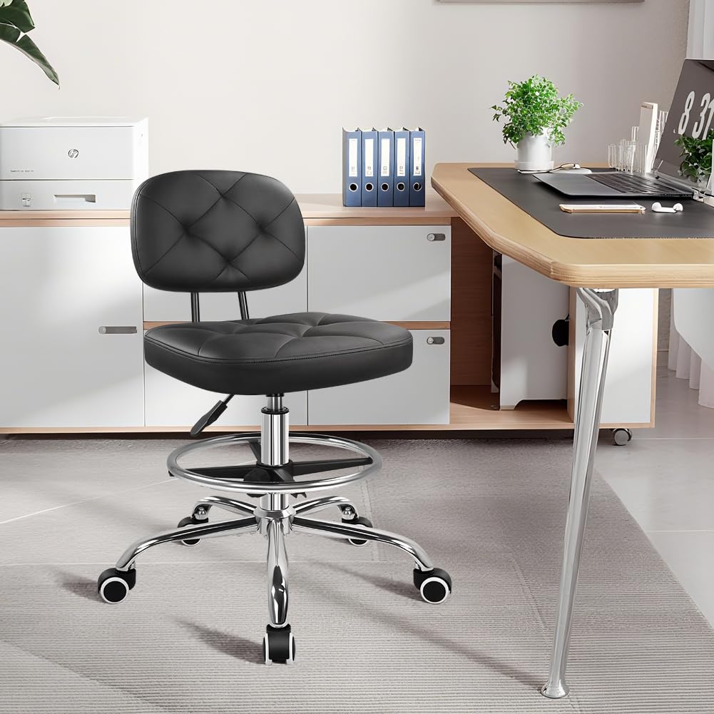KKTONER Drafting Chair with Backrest Rolling Stool with Wheels Adjustable Footrest Swivel Chair Height Adjustable Office Chair for Shop Counter