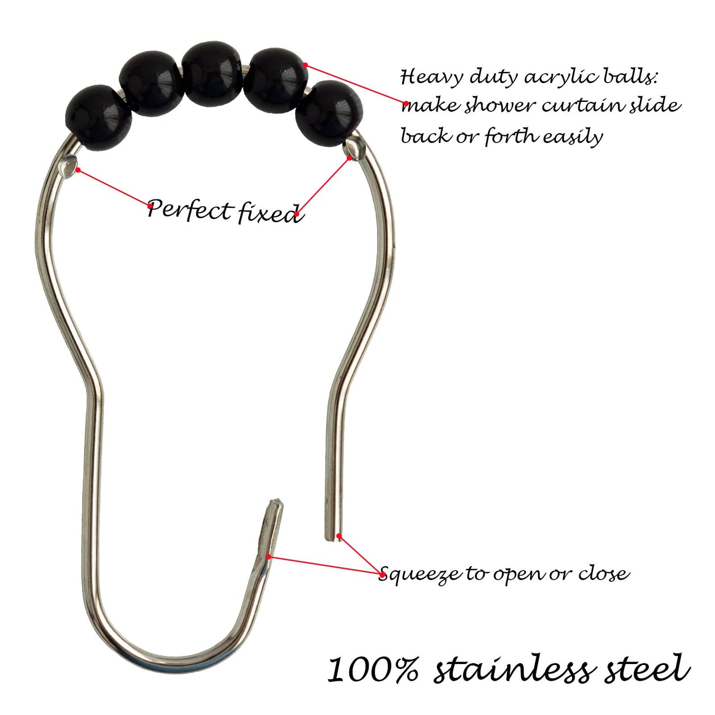 Shower Curtain Hooks Rings Stainless Steel Shower Hooks Black Acrylic roller Balls Rustproof Heavy Duty for Bathroom Curtain(Black)