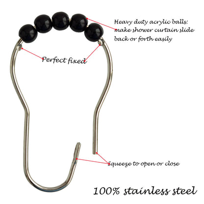 Shower Curtain Hooks Rings Stainless Steel Shower Hooks Black Acrylic roller Balls Rustproof Heavy Duty for Bathroom CurtainBlack