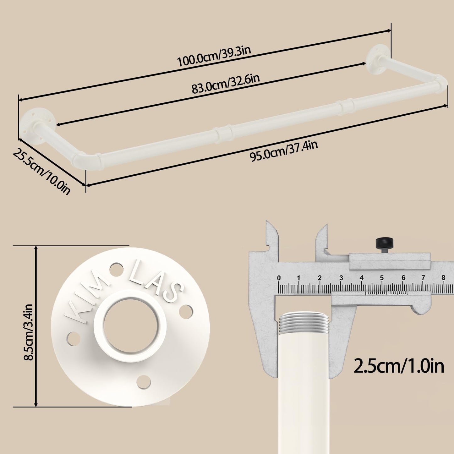 YheenLf 100cm Industrial Pipe Clothes Rail, Hanging Rod, White, 2 Pack