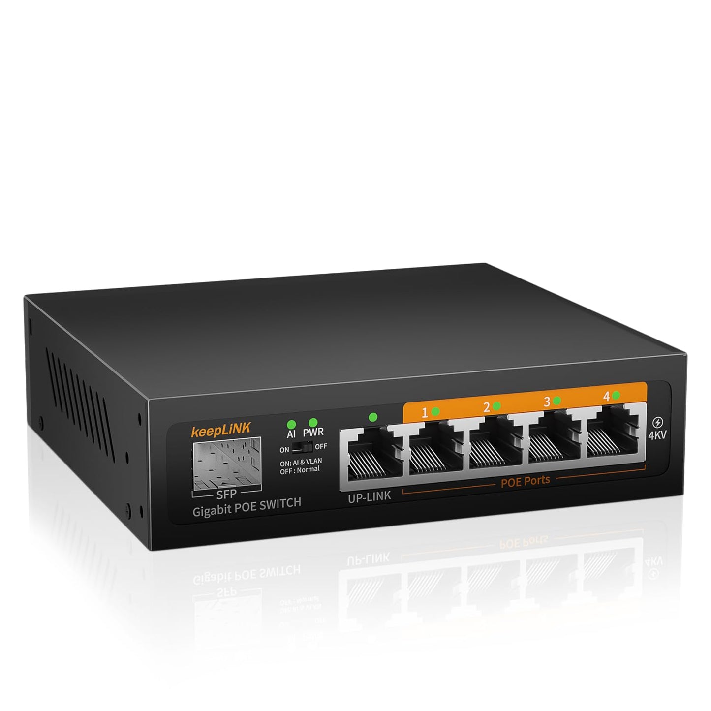 keepLiNK 6 Port Gigabit PoE Switch, 4 PoE+ Ports 1000Mbps, 1 Gigabit Uplink, 1 SFP Slot, 52W 802.3af/at, VLAN Mode, Fanless Metal, Unmanaged Plug and