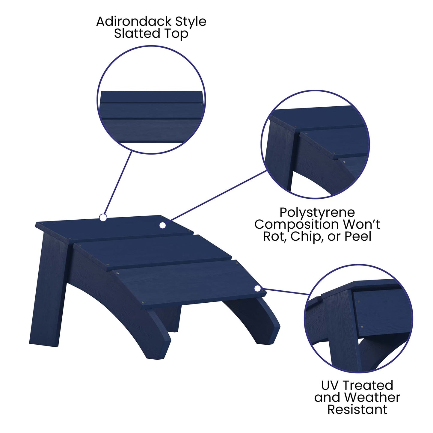Flash Furniture Sawyer Indoor/Outdoor Commercial Grade Adirondack Ottoman - Navy All-Weather Adirondack Style Footrest