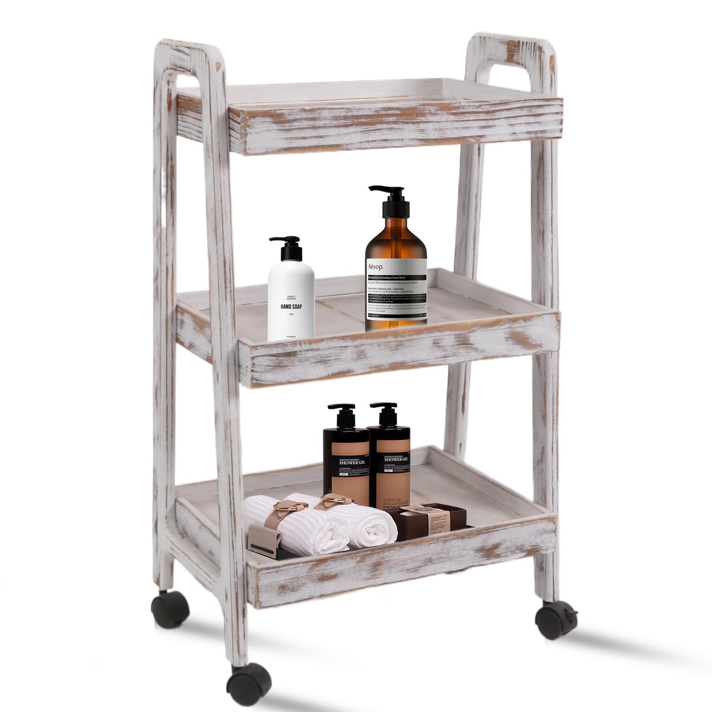 lamde 3-Tier Wooden Rolling Cart- Wooden Utility Cart wit Wheels- Utility Rolling Cart-Storage Trolley Organizer- Rolling Kitchen Cart Serving Cart