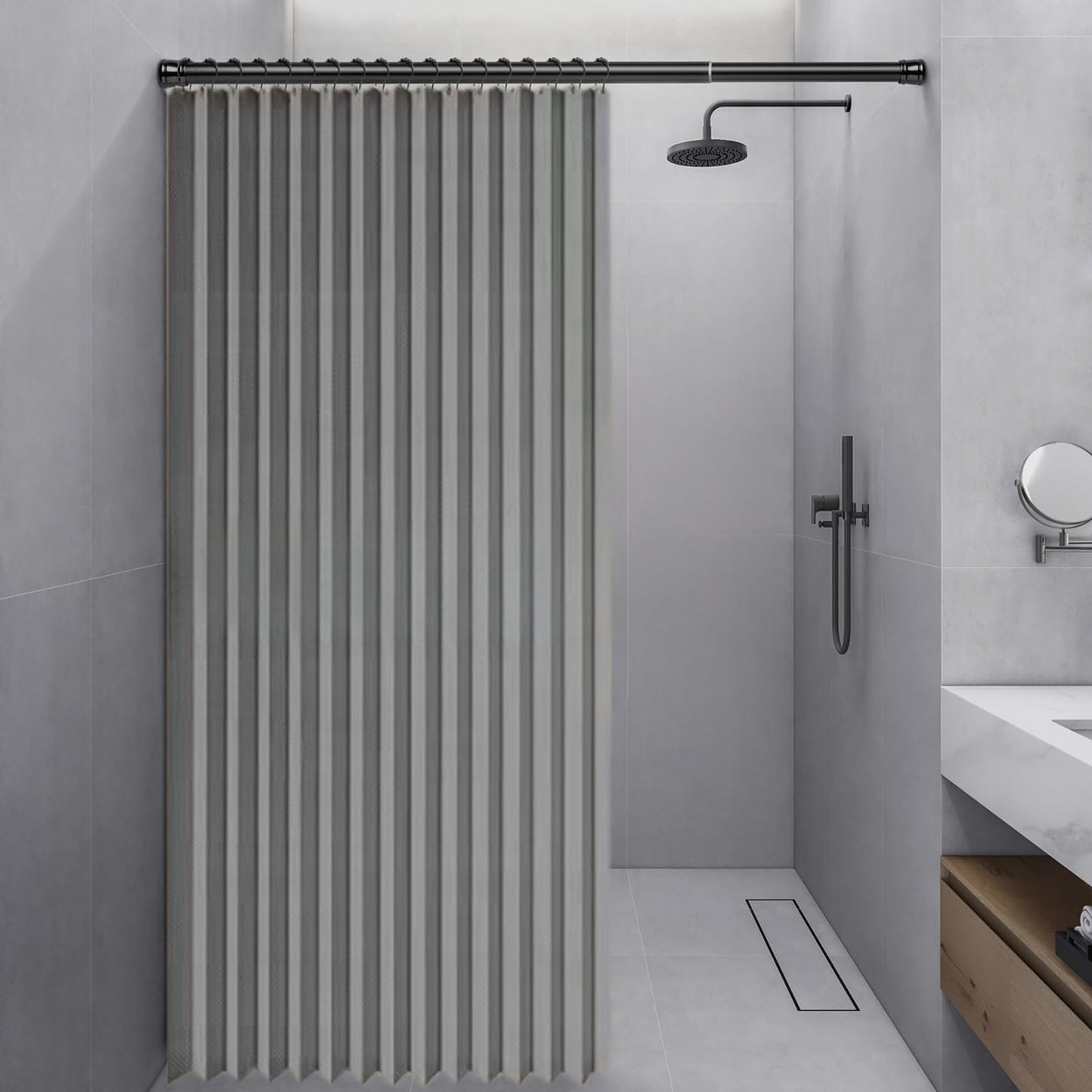 Momooda Waterproof Folding Shower Curtain, Heavy Duty Anti Mould Linen Shower Curtain, Magnetic Sripe Splash-proof, Fast Closing, Grey, 120x200cm