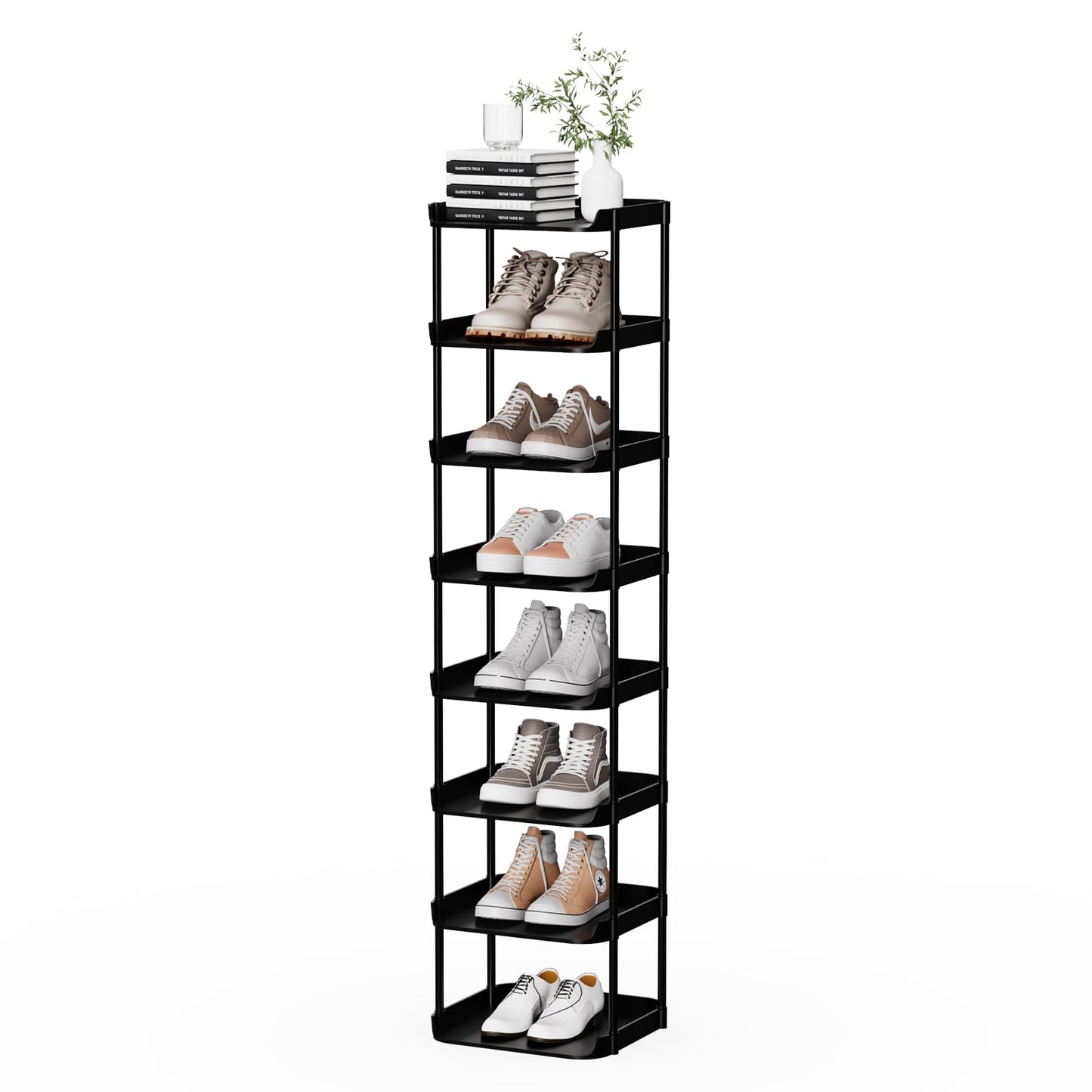 Altdnmaf 8 tier Narrow Shoe Storage Rack, Compact Single Shoerack Stand for Slim Space, Stackable Tall Thin Show Tower, Solid Plastic Shelves