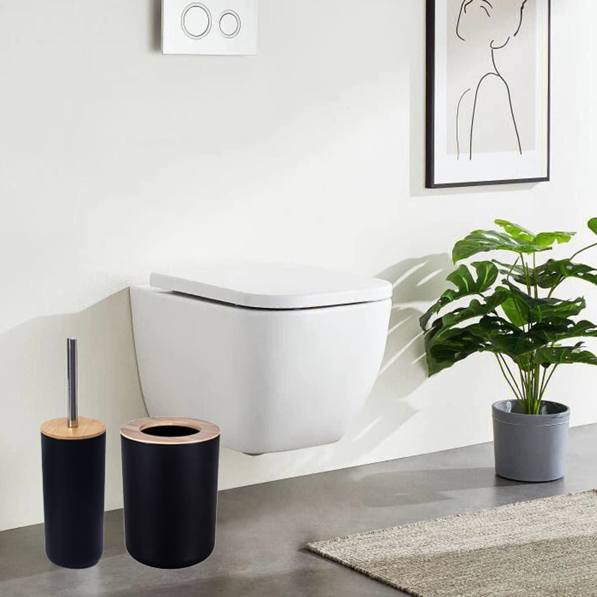 JETAINE 6 Pieces Bamboo Bathroom Accessories Modern Bathroom Accessory Set Luxury Bathroom Bin and Toilet Brush Set