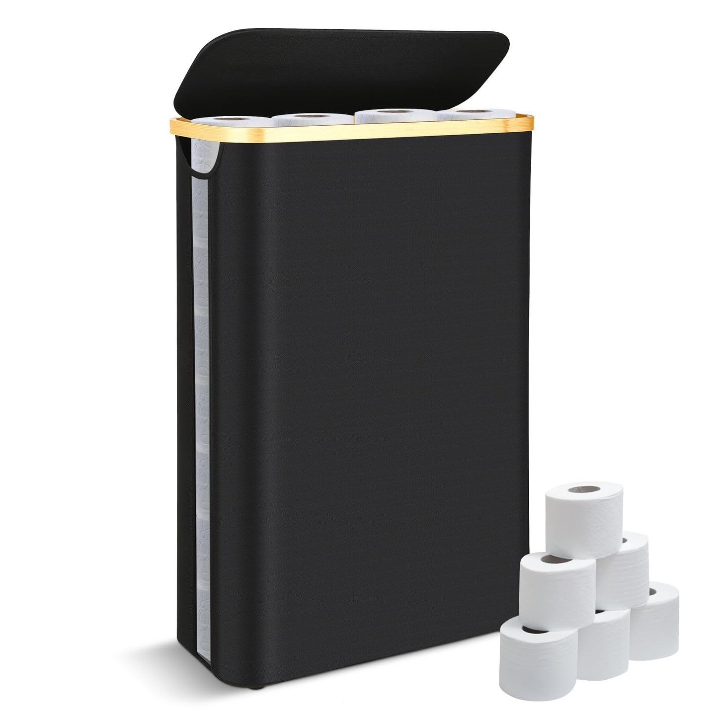 Toilet Roll Storage, 50L Toilet Paper Storage for up to 24 Rolls, Multifunctional Large Basket with Side Window, Bathroom Organizer Bin with Lid