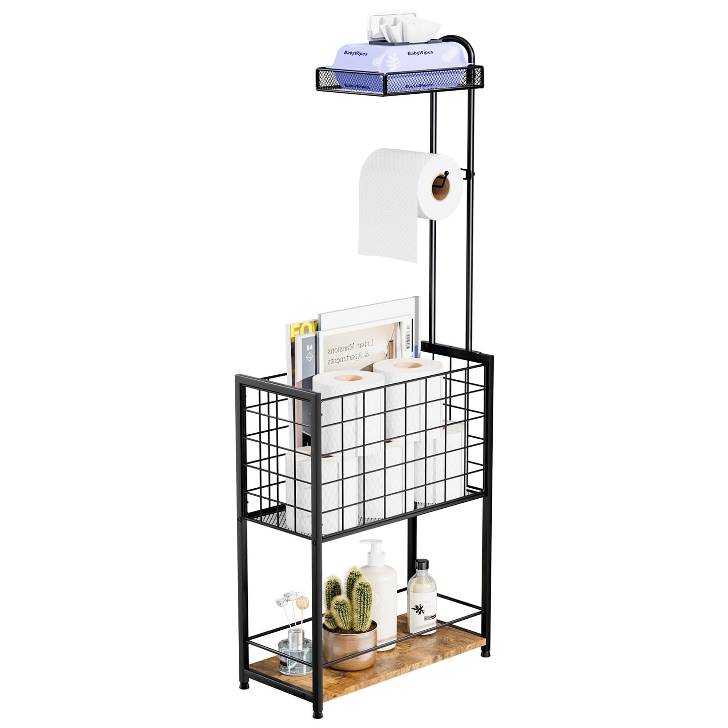 SWTYMIKI Freestanding Toilet Paper Holder - 4-Tier Toilet Roll Holder Free Standing Stand with Large toilet roll Basket, Stand Mega Roll Storage Rack