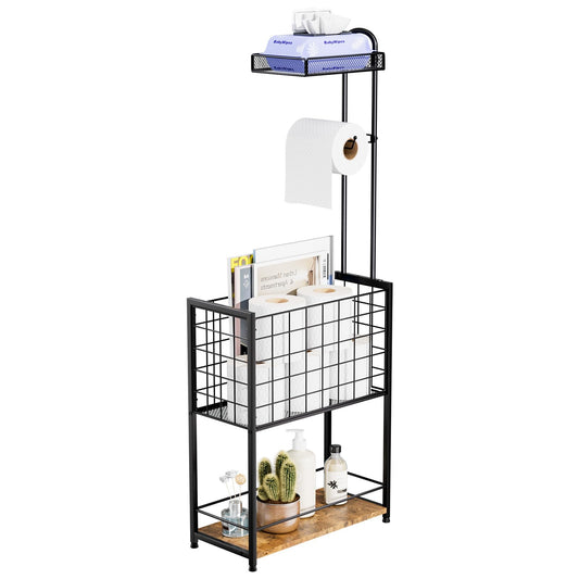 SWTYMIKI Freestanding Toilet Paper Holder - 4-Tier Toilet Roll Holder Free Standing Stand with Large toilet roll Basket, Stand Mega Roll Storage Rack