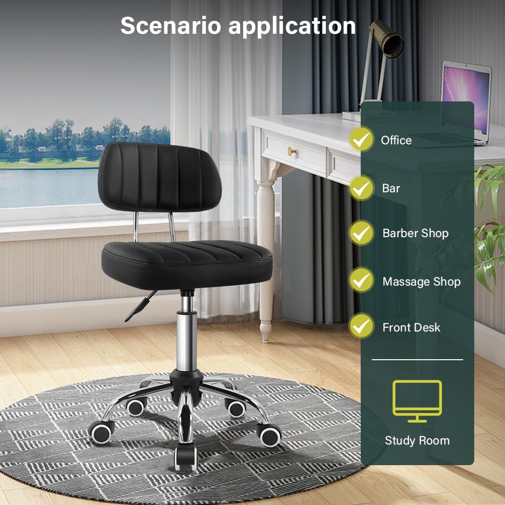 BFTOU Square Swivel Stool on Wheels Perfect for Work SPA Shop Massage Height-Adjustable and Cost-Effective Rolling Stool Chair with Back Black