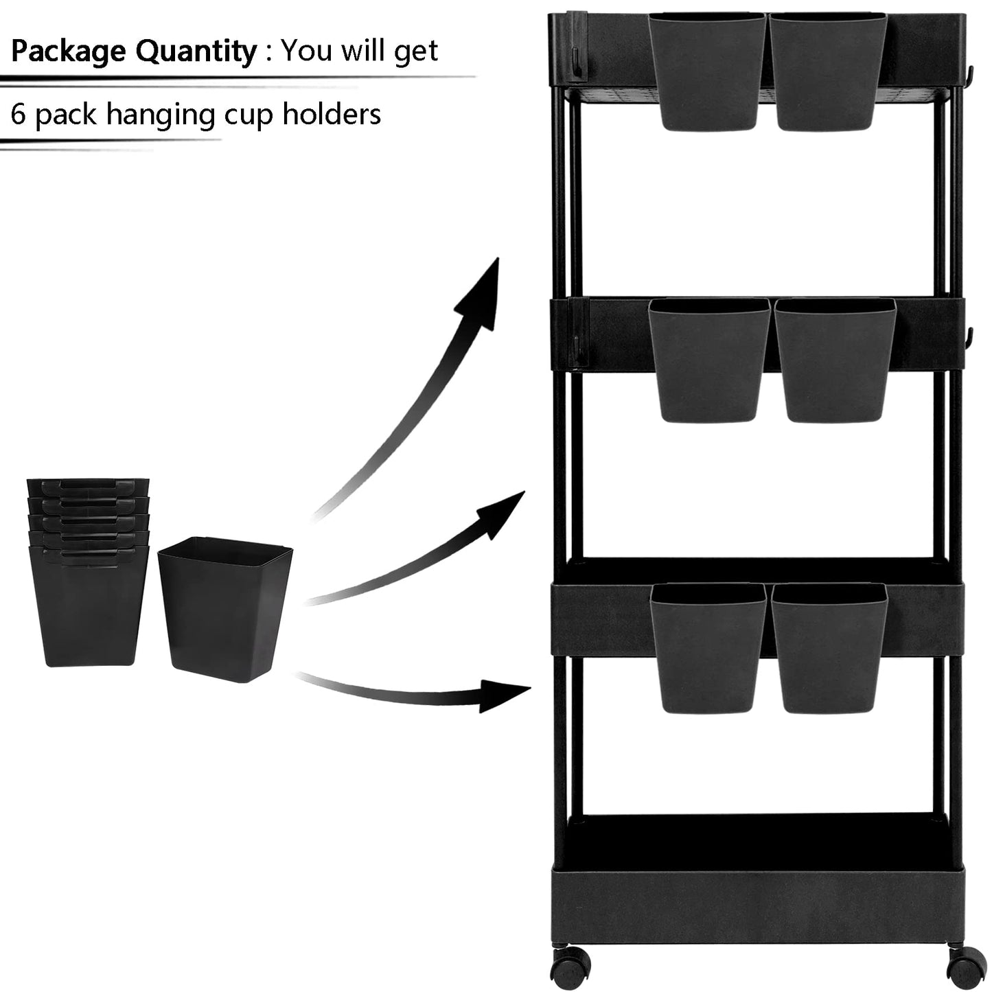 AYVANBER 6 Pack Hanging Cup Holder for Rolling cart Accessories Hooks Little Hanging Buckets Hanging Storage Bins Craft Supplies for Rolling Utility