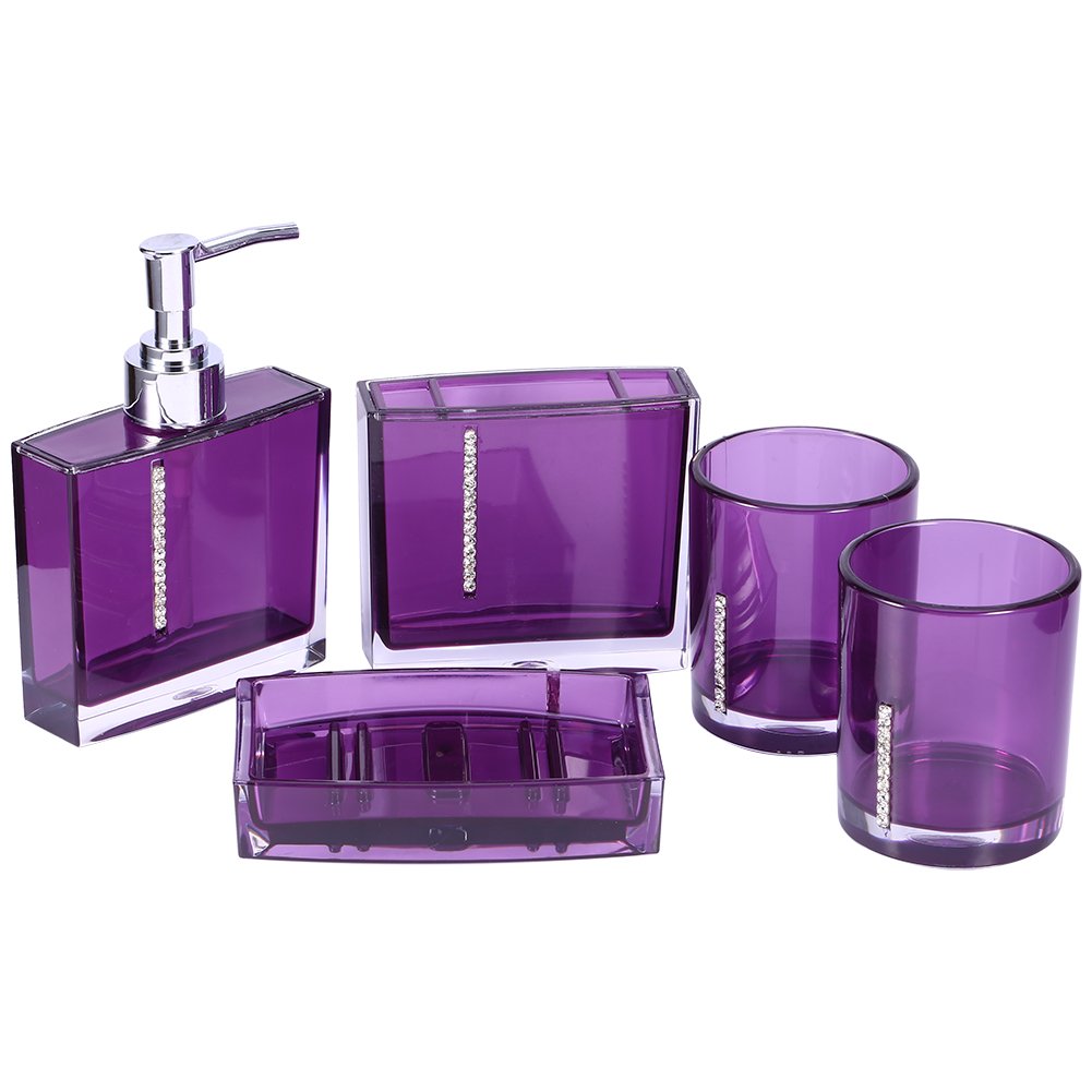 OVAQUIXI 5 Piece Purple Acrylic Bathroom Accessories Set - Toothbrush Holder, Soap Dish, Lotion Bottle & 2 Tumblers