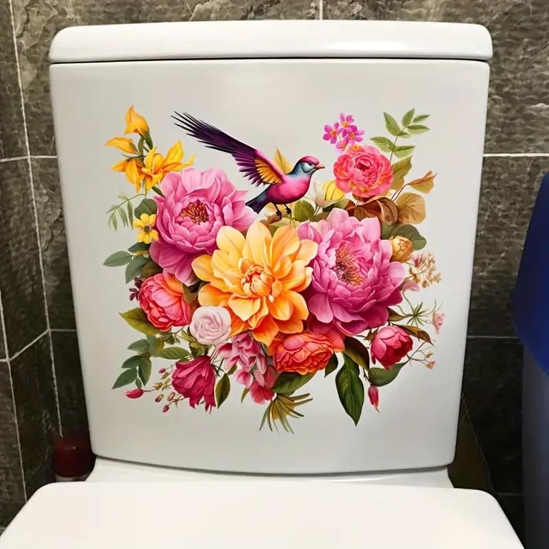Colorful Flower Cluster Bird Toilet Cover Sticker Decals,Flower Leaf Butterfly Waterproof Toilet Lid Tank Seat Decals Cistern Self-Adhesive Bathroom