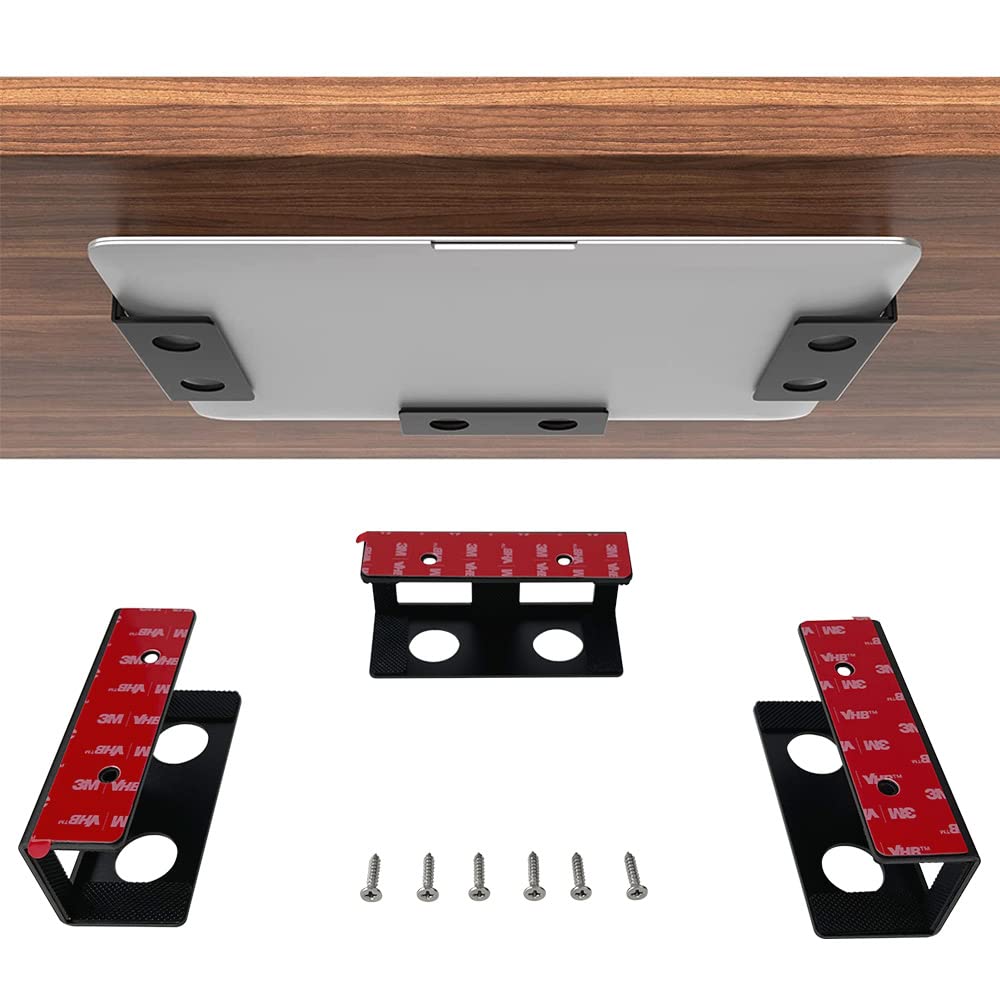 JEMACHE Under Desk Laptop Mount with Adhesive, Hard Aluminum Under Table Desk Holder for Laptop, Mac Mini, MacBook