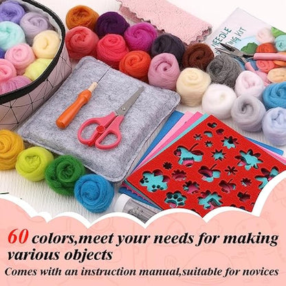 Axmru 215 Pcs Needle Felting Kit Wool Roving 60 Colors Set Basic Felt Tools and Supplies Needle Felting Starter Kit with Foam Mat Felt Molds and Storage Box for DIY Craft