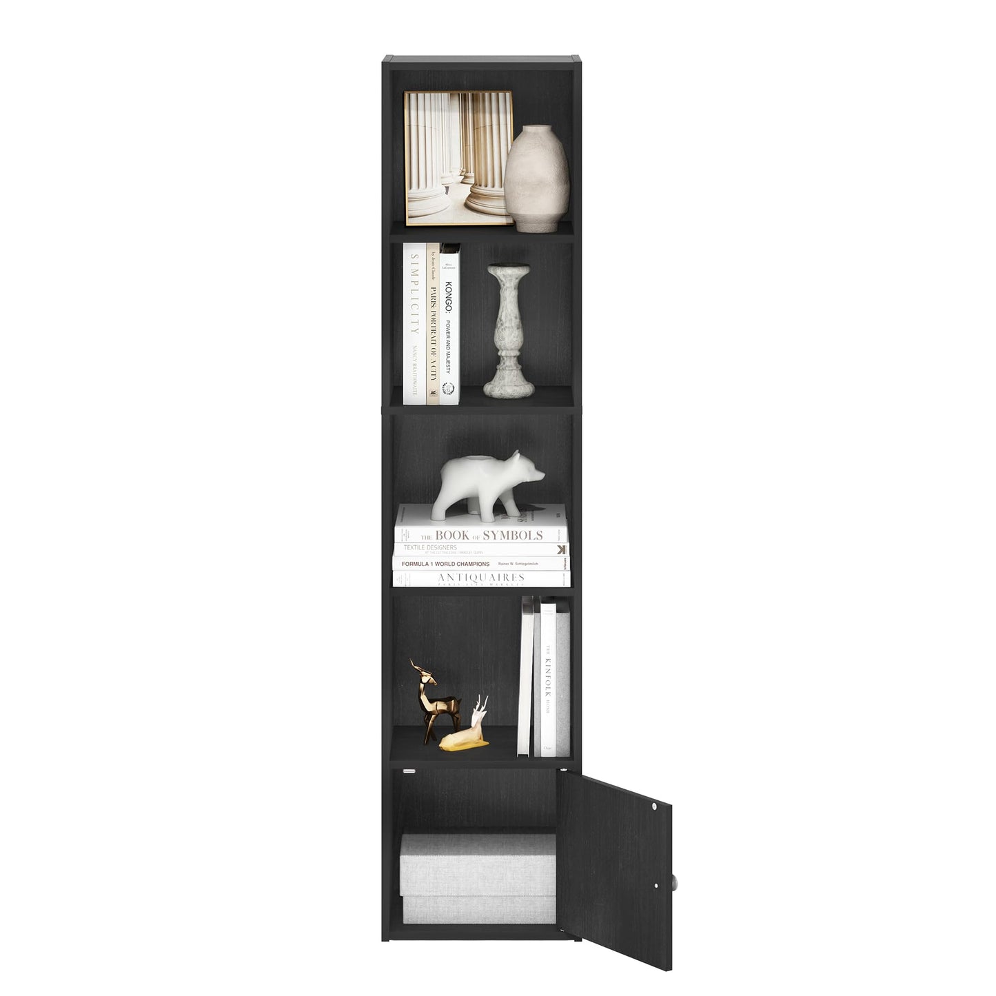 Furinno LUDER Book Shelf, 5-Tier Modern Bookshelf, Bookcase with 1 Door Storage Cabinet, 9.3 x 12 x 52, for Living Room, Bedroom, Home Office