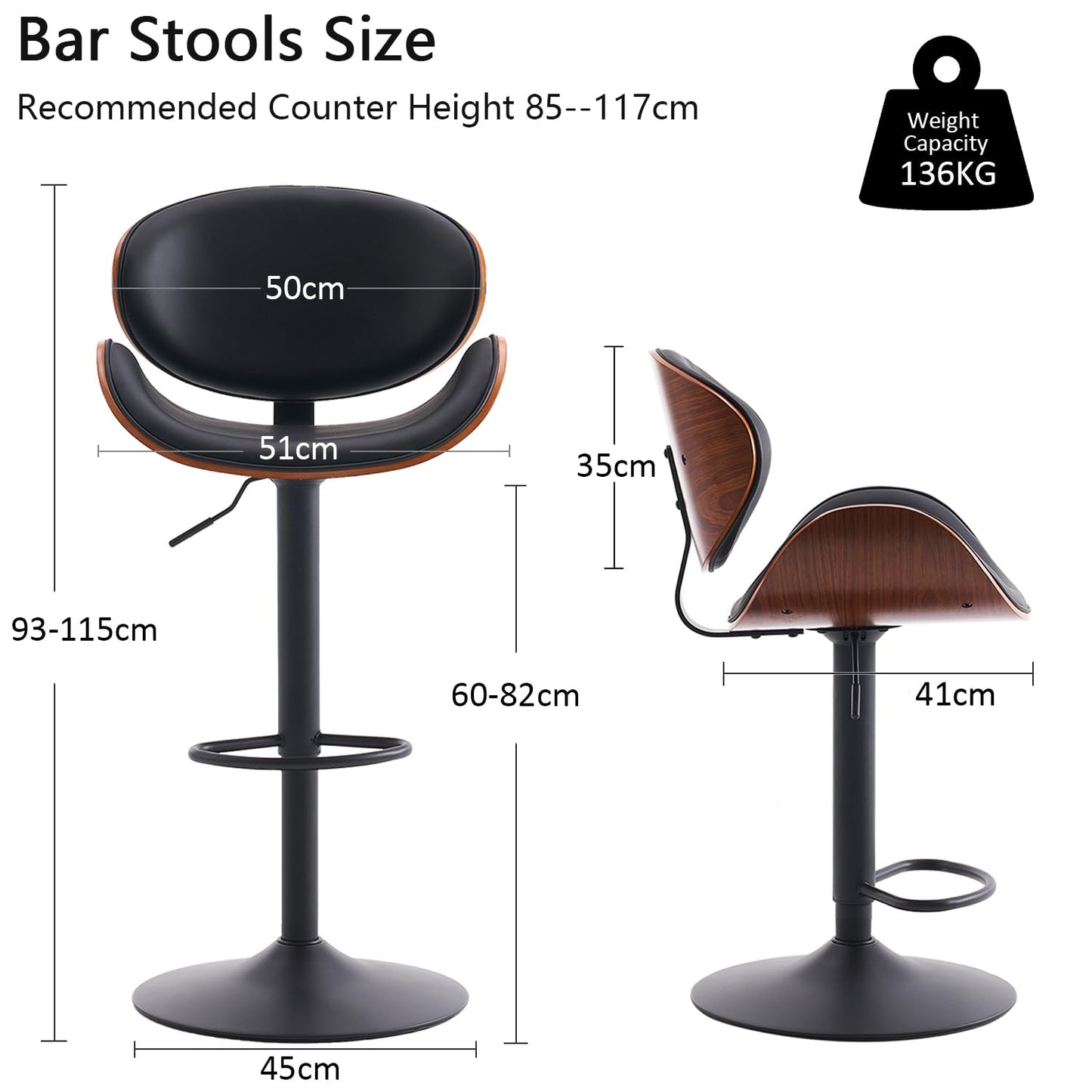 Kidol&Shellder Single Bar Stools, Bentwood Kitchen Stools, Black