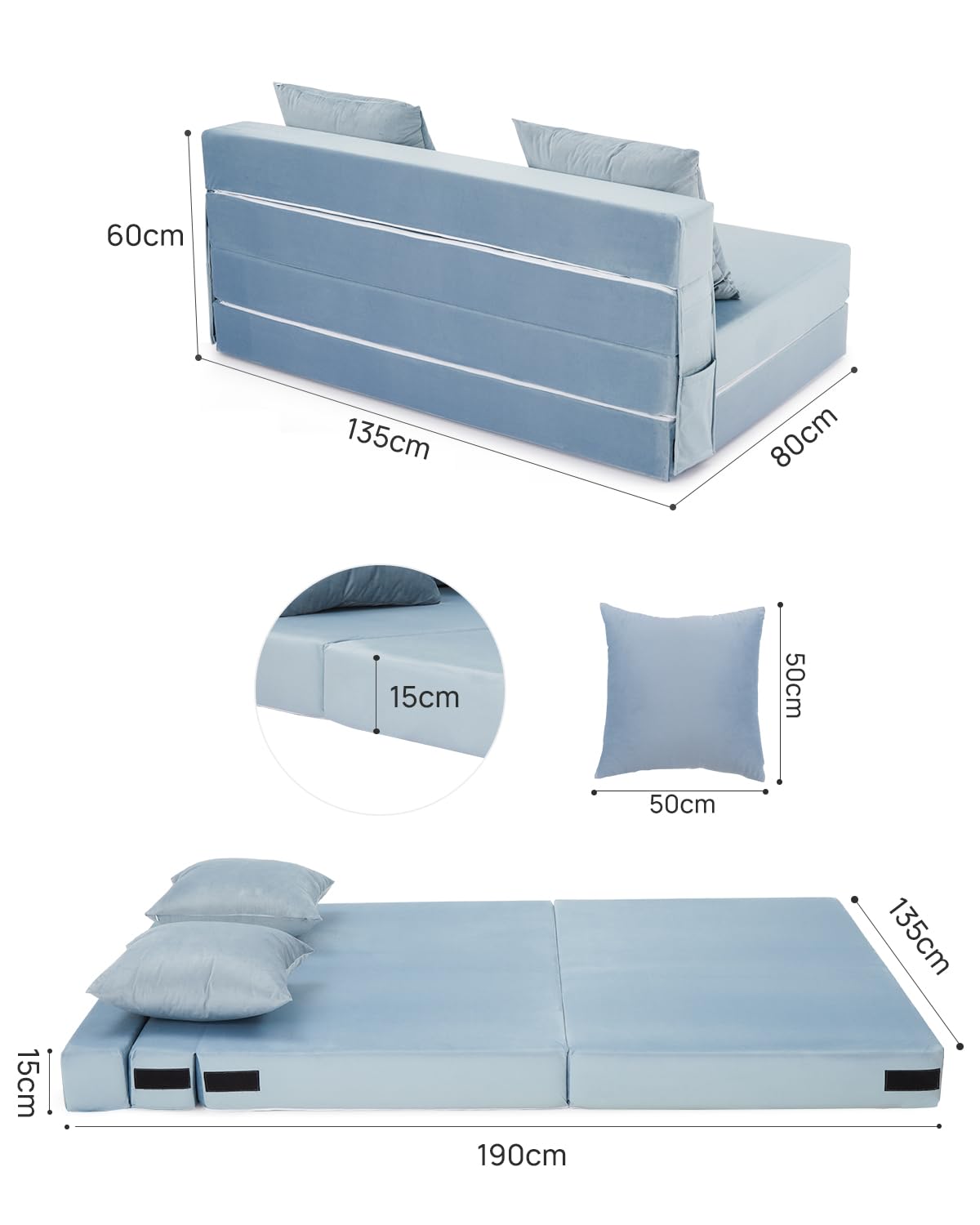 Aptliton 4-in-1 Folding Sofa Bed Double, Fold Out Sofa Couch with Velvet Cover & 2 Cushions, Floor Mattress Lounger for Living Room