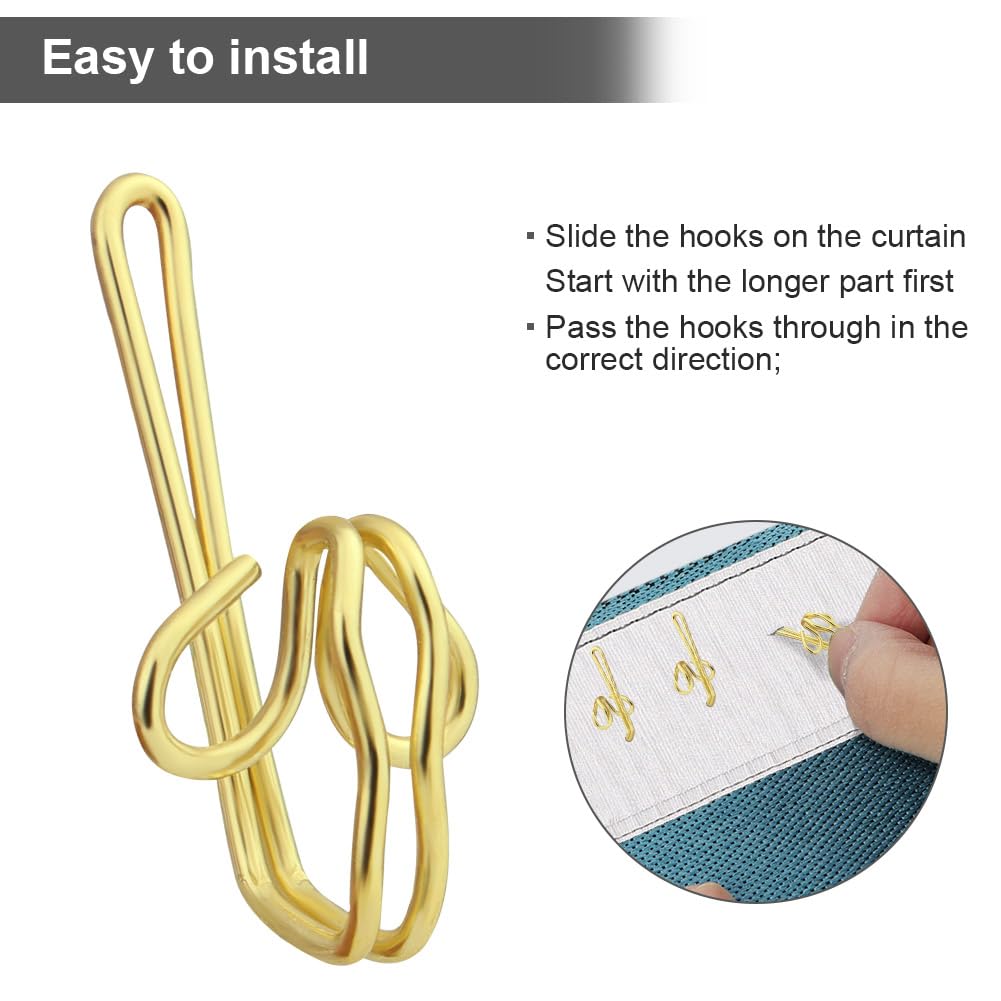 Alaoo 120 Pack Curtain Hooks, Metal Curtain Hooks, Gold Curtain Header, Heavy Duty Curtain Hooks, Tape Drapery Hooks for Drapery Shower Curtain