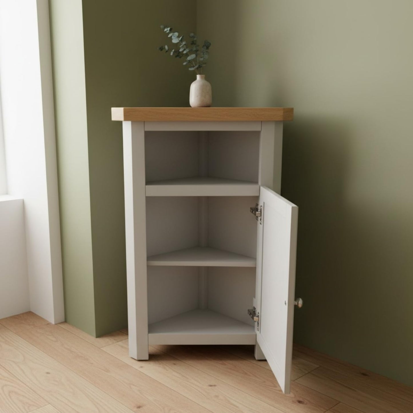 GROFurniture Painted Cashmere Grey Corner Cabinet, Tall Triangle Storage Cuboard for Livingroom, Corner Oak Unit for Livingroom, Bathroom & Hallway