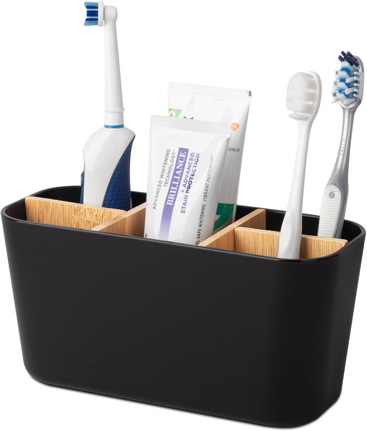 Bingobang Toothbrush Holder for Bathroom, Bamboo Electric Toothbrush and Toothpaste Holder with 5 Storage Slots